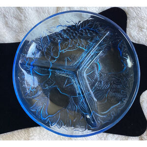Blue Pressed Art Depression Glass Relish Dish Fruit Design 3 Sections Vntg